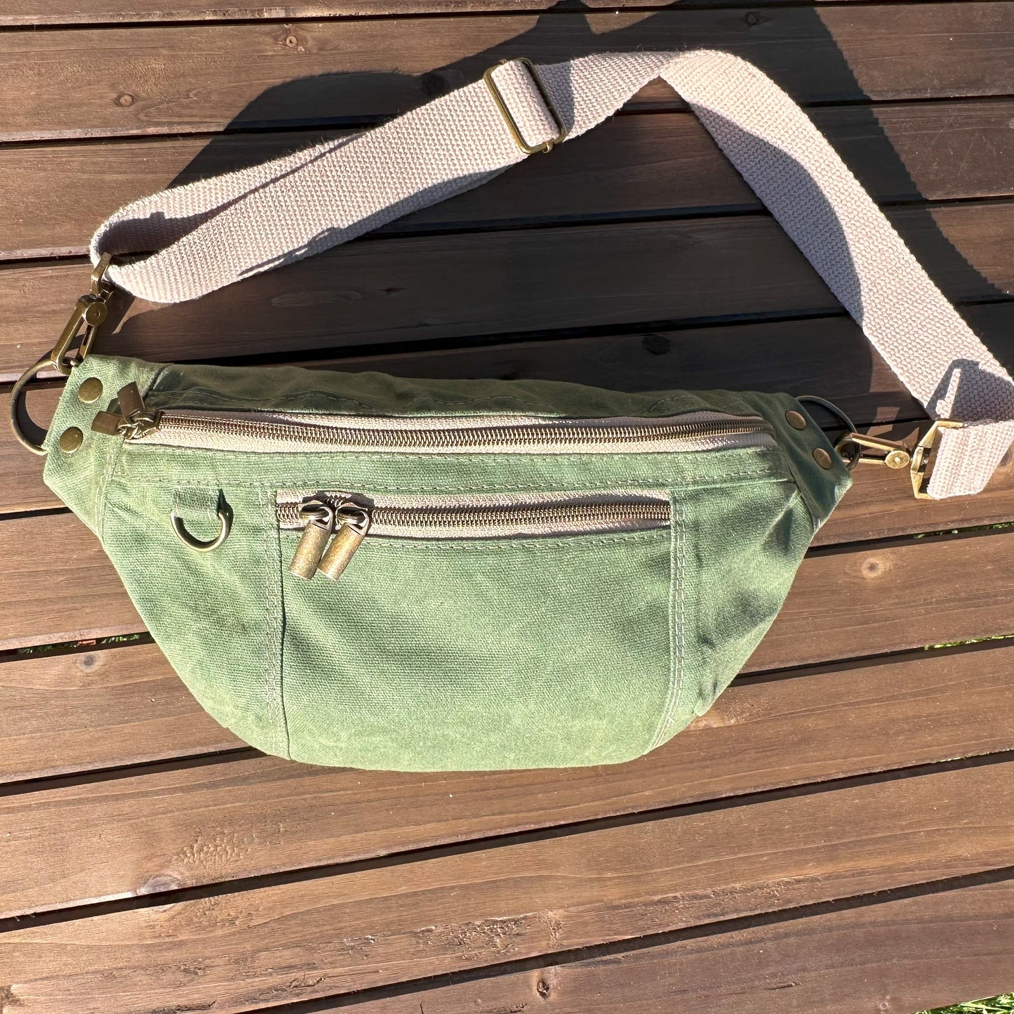 Sage Green Waxed Canvas Antique Brass Hardware Jib Hip Bag Sling squirescanvascreations.com