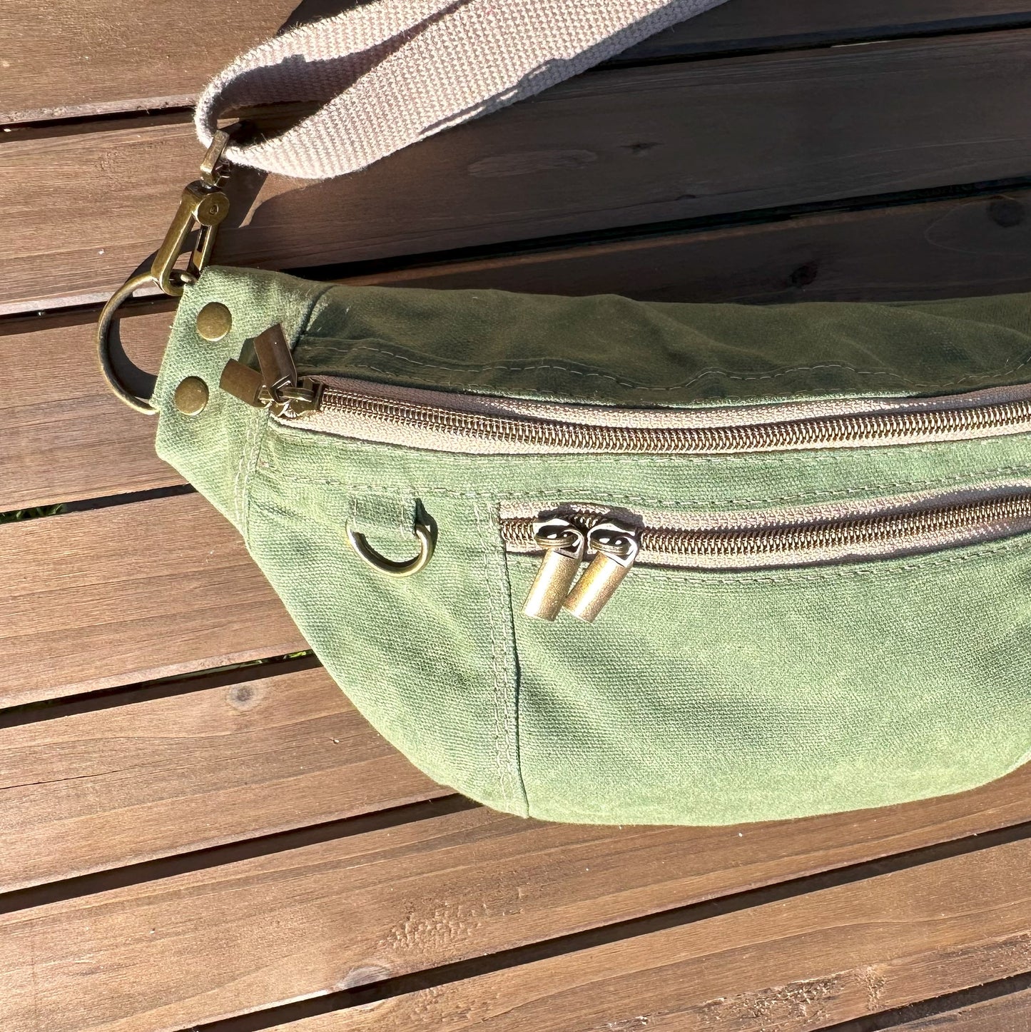 Sage Green Waxed Canvas Antique Brass Hardware Jib Hip Bag Sling squirescanvascreations.com