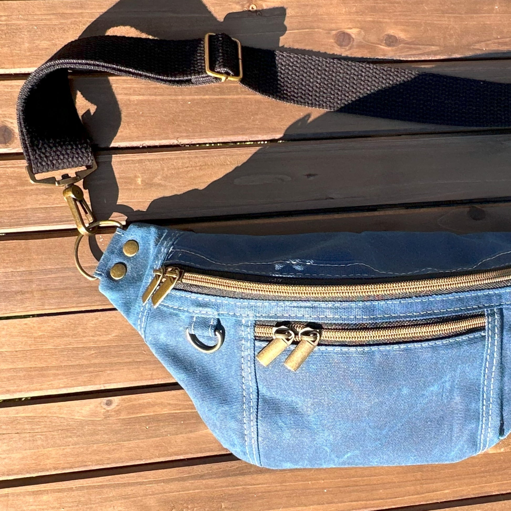 Blue Waxed Canvas Antique Brass Hardware Jib Hip Bag Sling squirescanvascreations.com