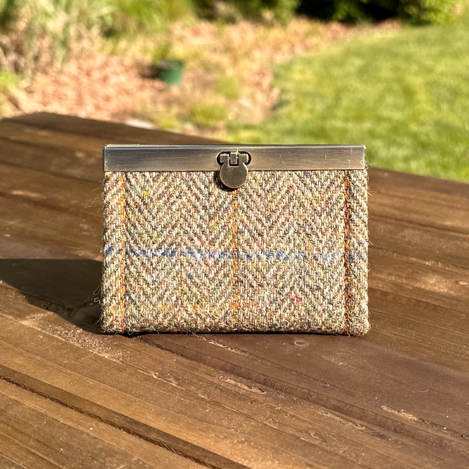Green and Blue Herringbone with a Rust Overcheck Harris Tweed® with Grey Khaki Interior and Bronze Flip-Lock City Dock Wallet squirescanvascreations.com