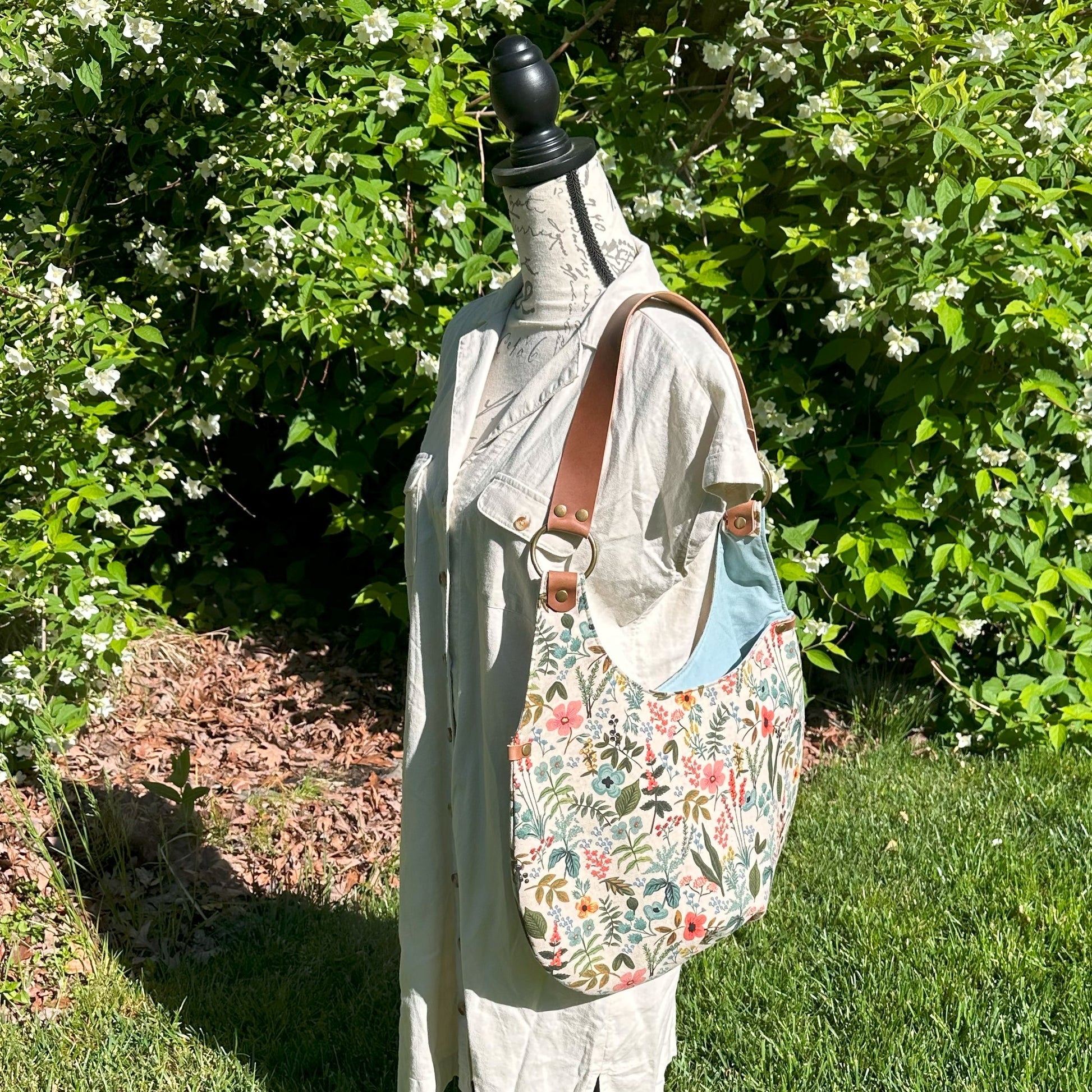 Rifle Paper Herb Garden Natural Canvas and  Linen Interior with South Street Wheat Leather strap Shoulder Bag Compass Rose Shoulder Bag squirescanvascreations.com