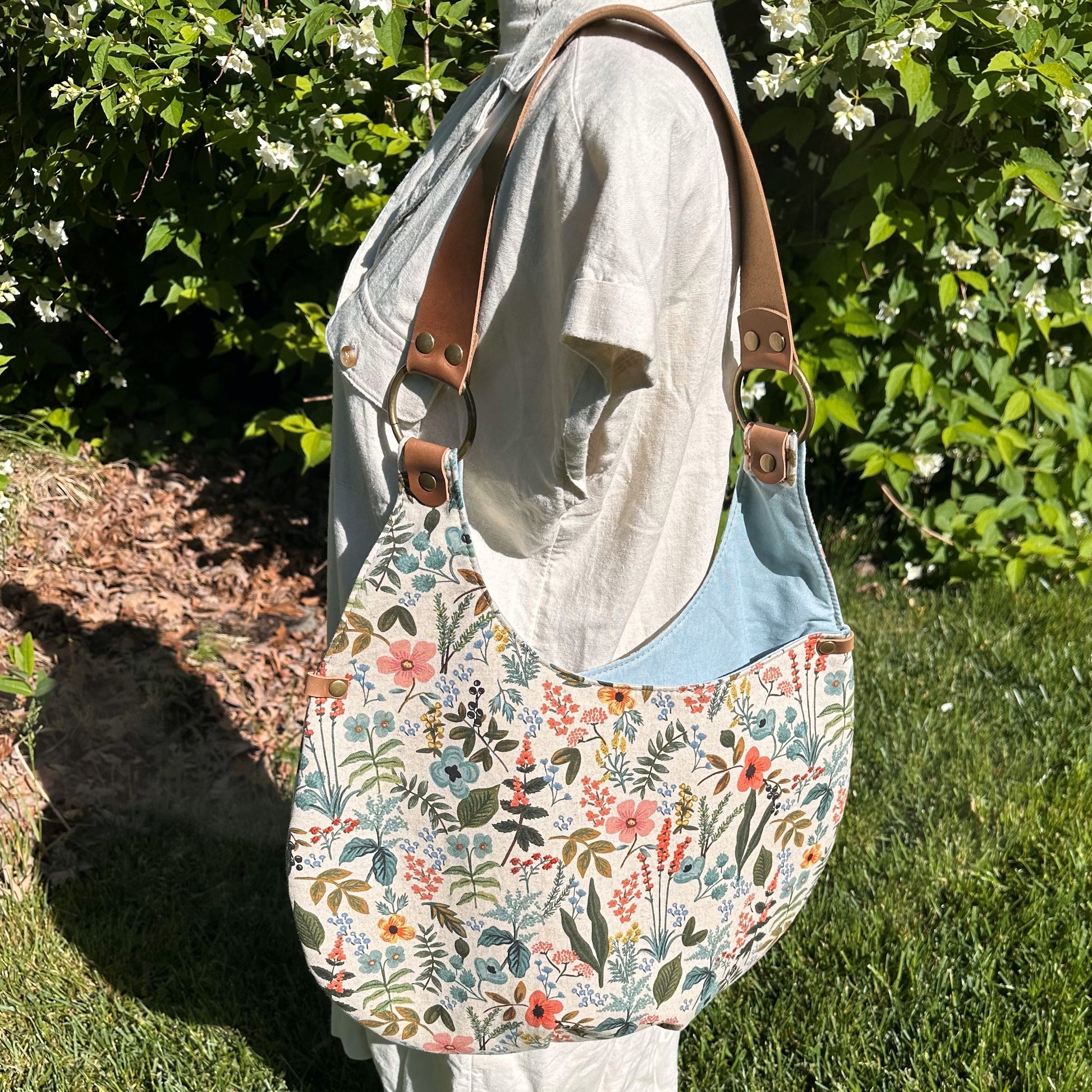 Rifle Paper Herb Garden Natural Canvas and  Linen Interior with South Street Wheat Leather strap Shoulder Bag Compass Rose Shoulder Bag squirescanvascreations.com