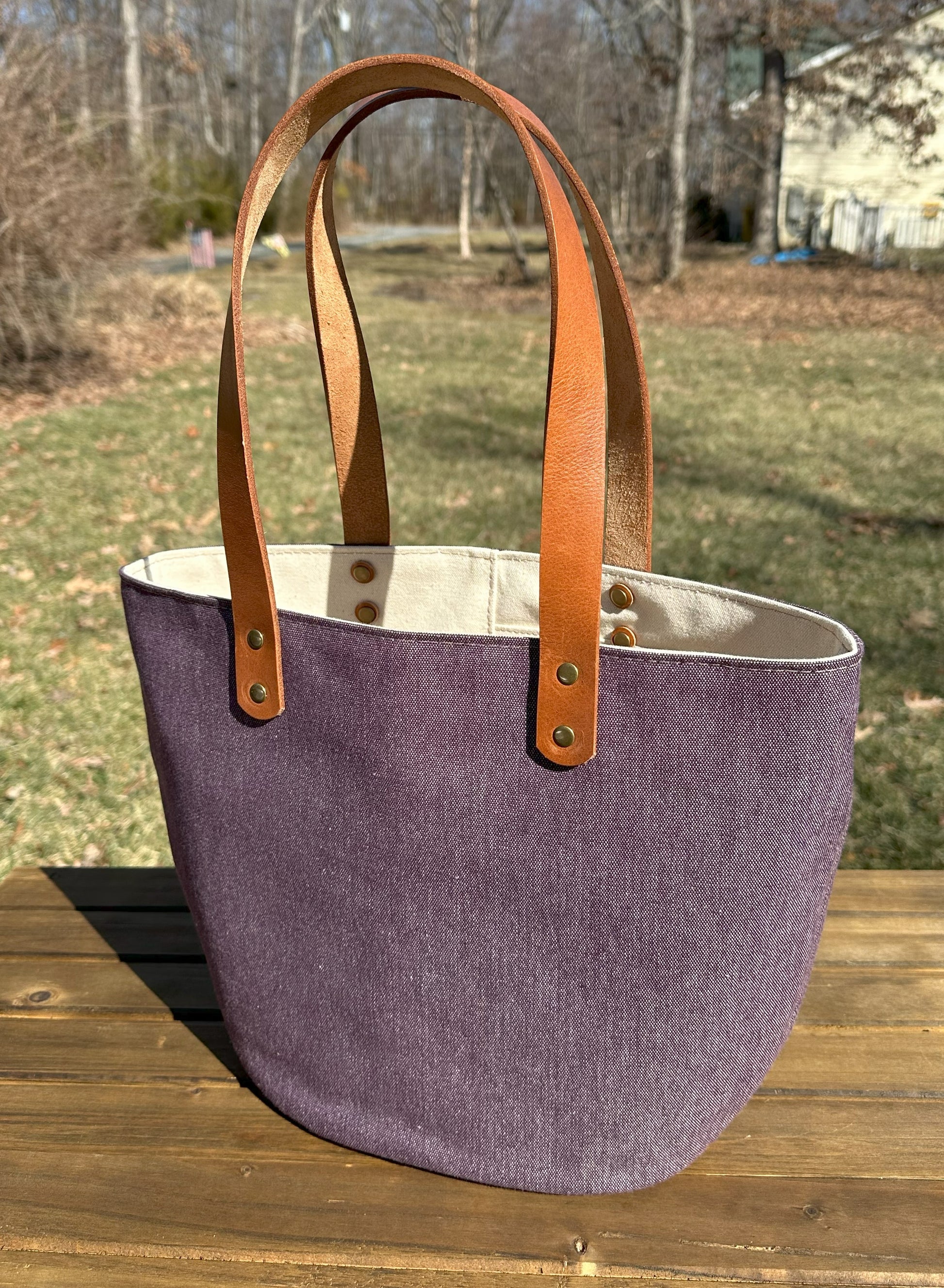 Plum Army Duck Canvas (18oz) Parker Creek Tote with Cognac Splenda Leather and Antique Brass Hardware SquiresCanvasCreations.com