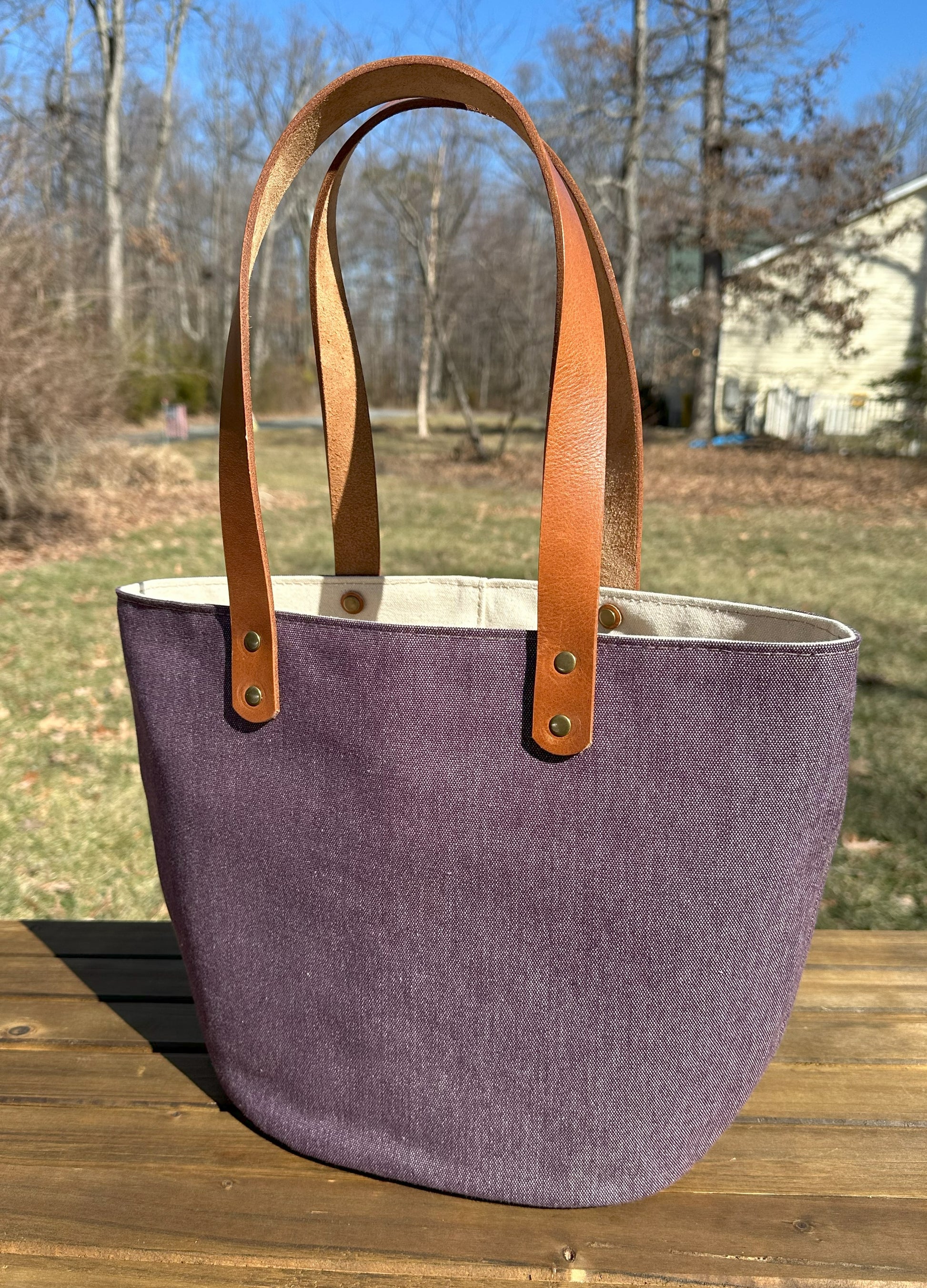 Plum Army Duck Canvas (18oz) Parker Creek Tote with Cognac Splenda Leather and Antique Brass Hardware SquiresCanvasCreations.com