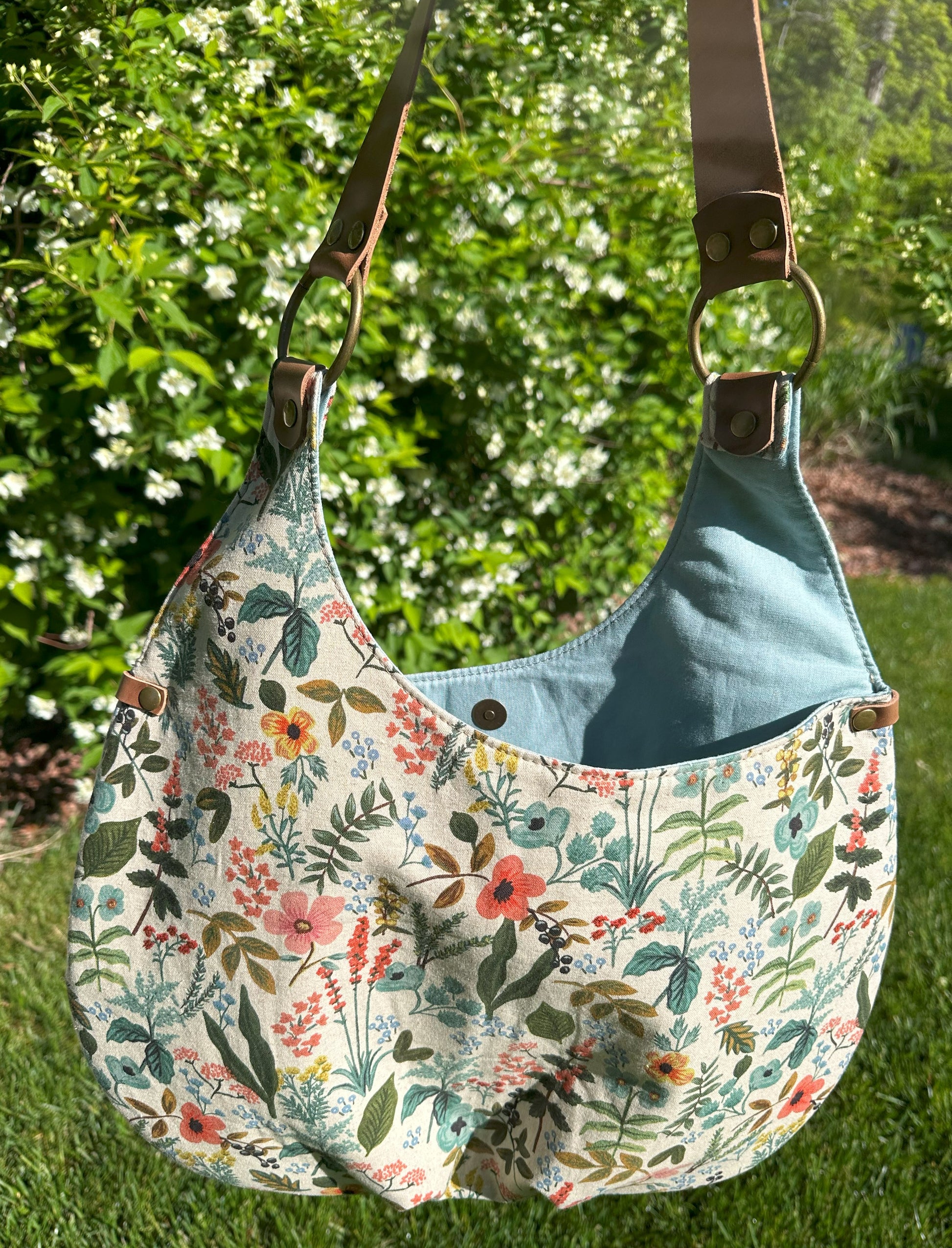 Rifle Paper Herb Garden Natural Canvas and  Linen Interior with South Street Wheat Leather strap Shoulder Bag Compass Rose Shoulder Bag squirescanvascreations.com