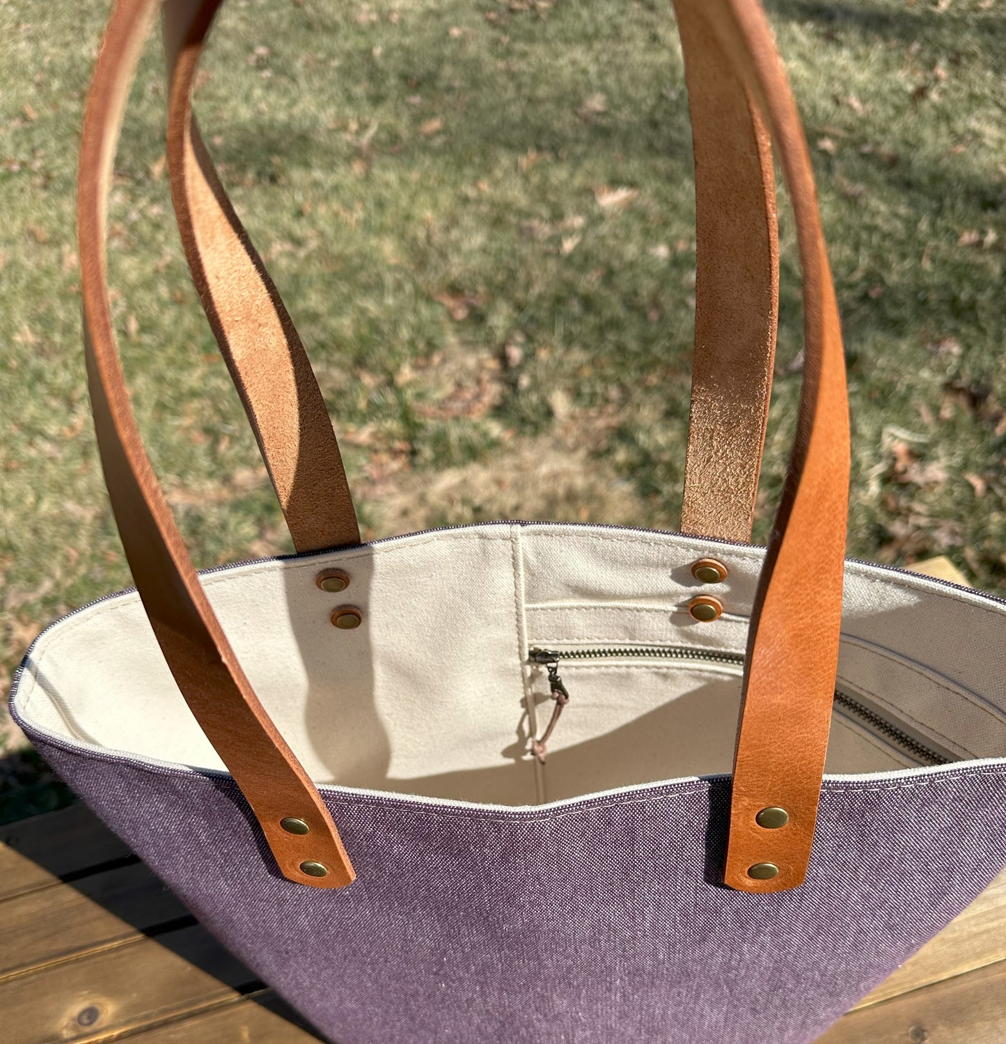 Plum Army Duck Canvas (18oz) Parker Creek Tote with Cognac Splenda Leather and Antique Brass Hardware SquiresCanvasCreations.com