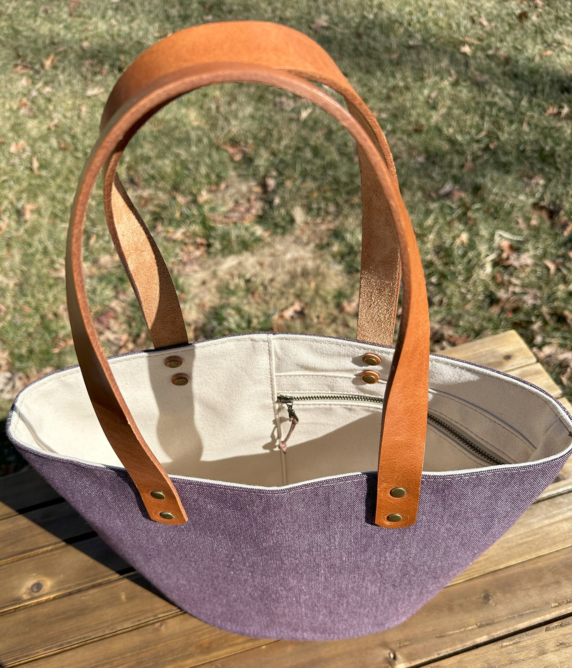 Plum Army Duck Canvas (18oz) Parker Creek Tote with Cognac Splenda Leather and Antique Brass Hardware SquiresCanvasCreations.com