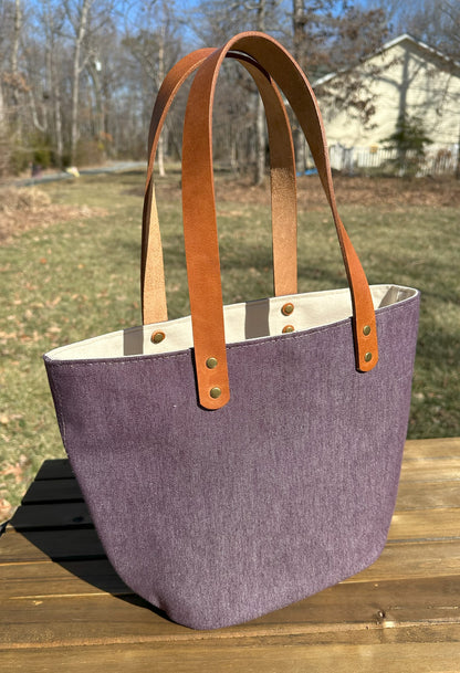 Plum Army Duck Canvas (18oz) Parker Creek Tote with Cognac Splenda Leather and Antique Brass Hardware SquiresCanvasCreations.com