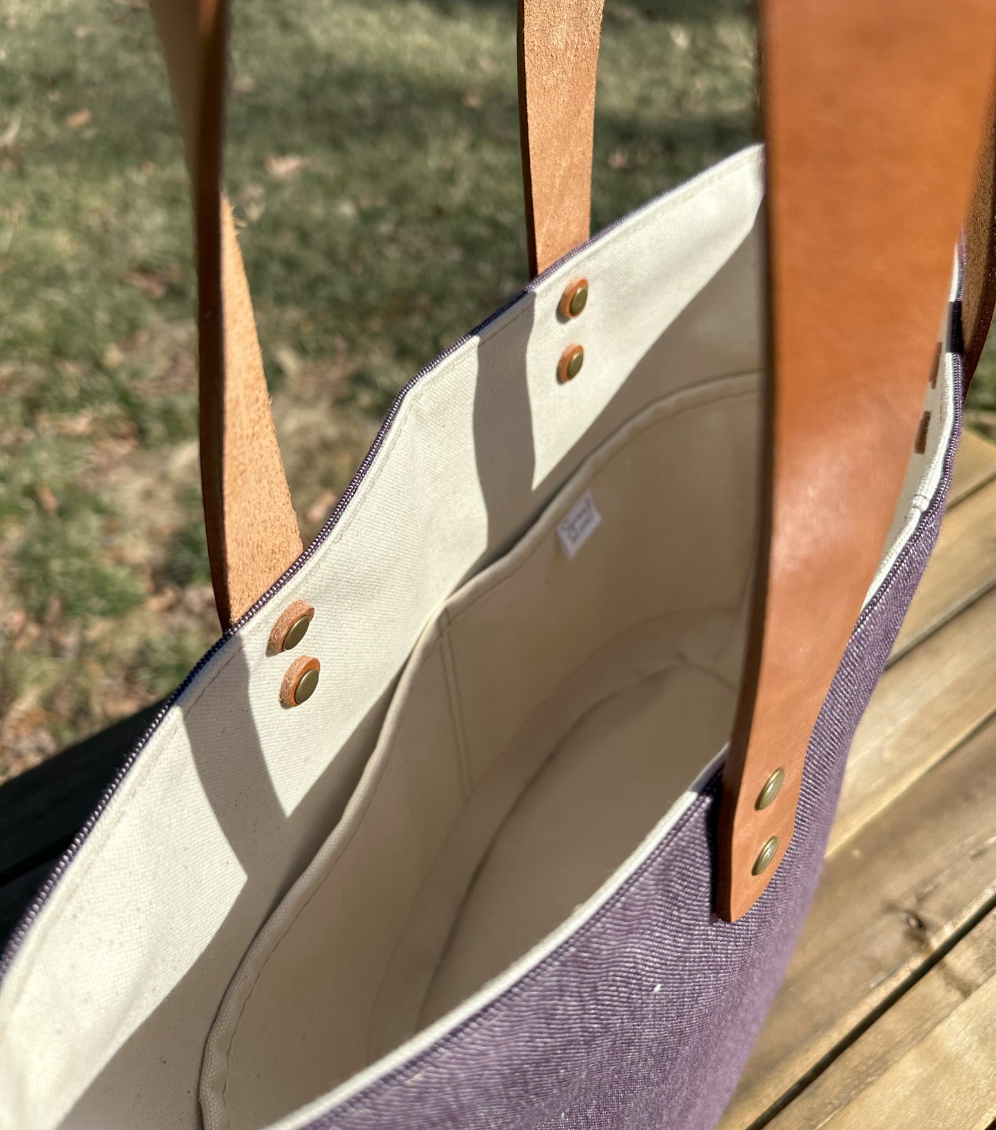 Plum Army Duck Canvas (18oz) Parker Creek Tote with Cognac Splenda Leather and Antique Brass Hardware SquiresCanvasCreations.com