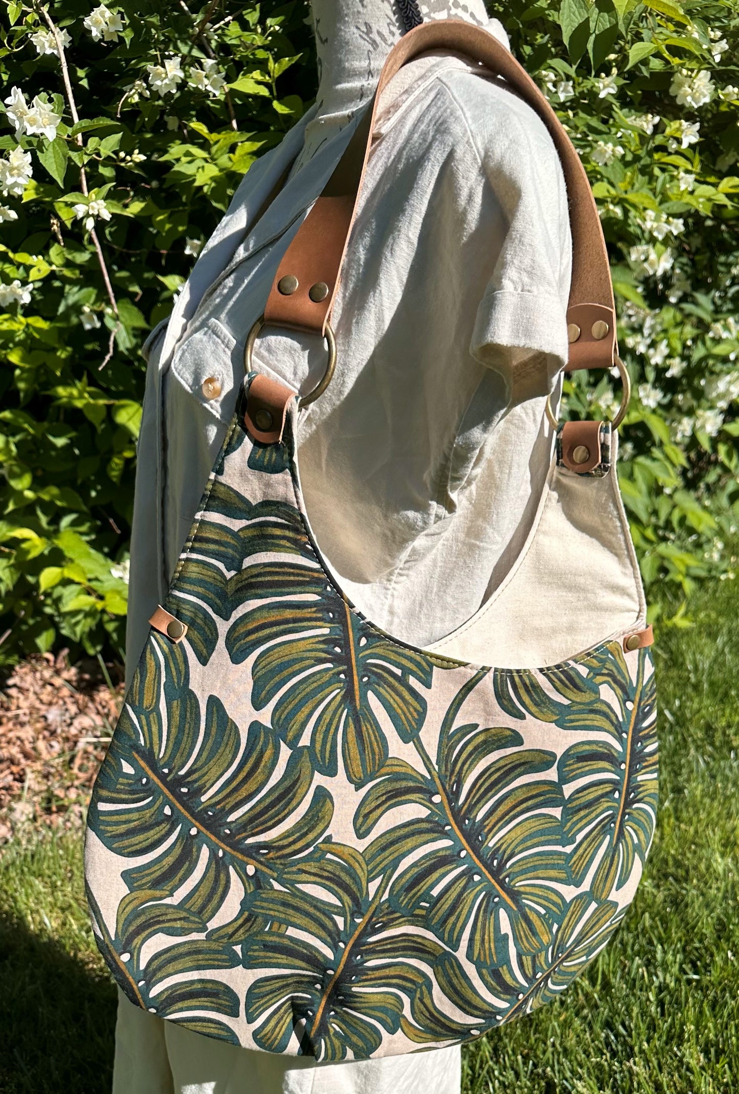 Cotton & Steel Monstera Canvas and Unbleached Canvas Interior with  South Street Wheat Leather strap Shoulder Bag Compass Rose Shoulder Bag squirescanvascreations.com