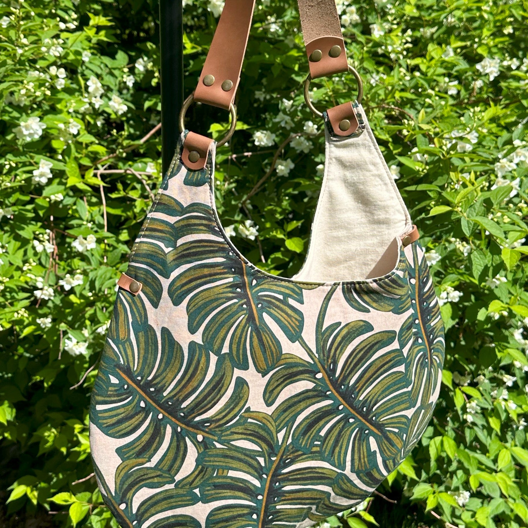 Cotton & Steel Monstera Canvas and Unbleached Canvas Interior with  South Street Wheat Leather strap Shoulder Bag Compass Rose Shoulder Bag squirescanvascreations.com