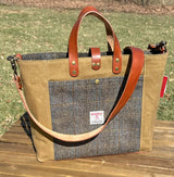 Harris Tweed® Green & Blue Herringbone with Tan Halley Stevensons 18oz Hybrid Waxed Canvas with Splenda Leather Strap SquiresCanvasCreations.com