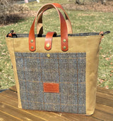 Harris Tweed® Green & Blue Herringbone with Tan Halley Stevensons 18oz Hybrid Waxed Canvas SquiresCanvasCreations.com
