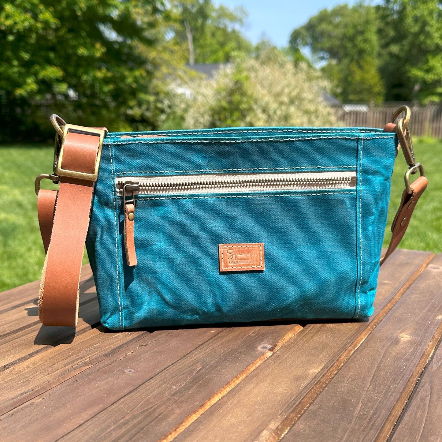 Dark Teal Waxed Canvas with Antique Brass Hardware Parish Creek Crossbody squirescanvascreations.com