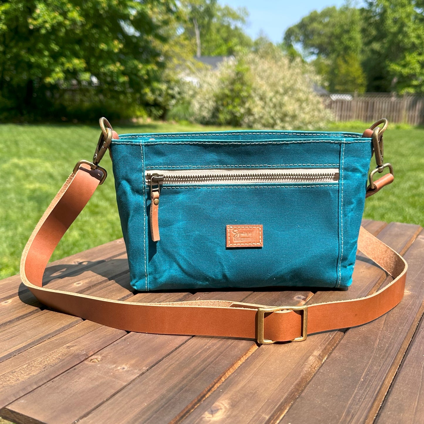 Dark Teal Waxed Canvas with Antique Brass Hardware Parish Creek Crossbody squirescanvascreations.com