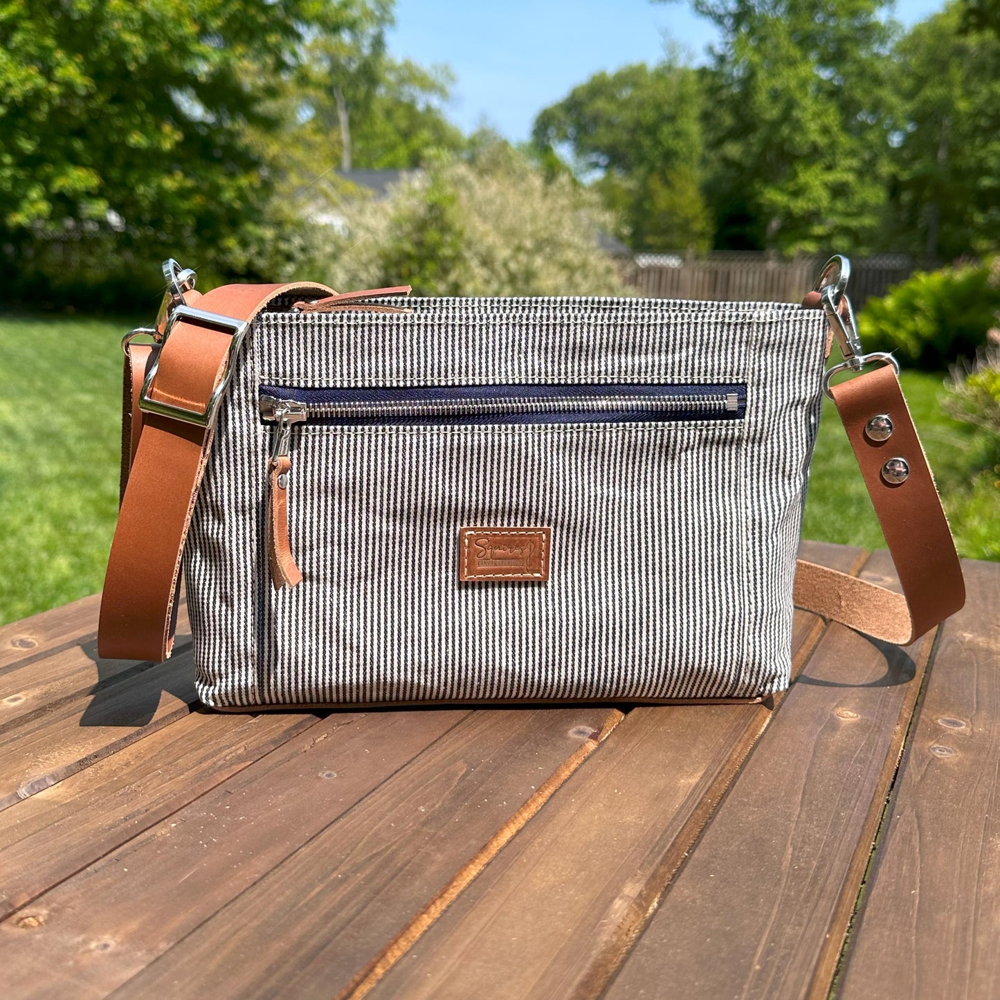 Railroad Stripe Waxed Canvas with Nickel Hardware Parish Creek Crossbody squirescanvascreations.com