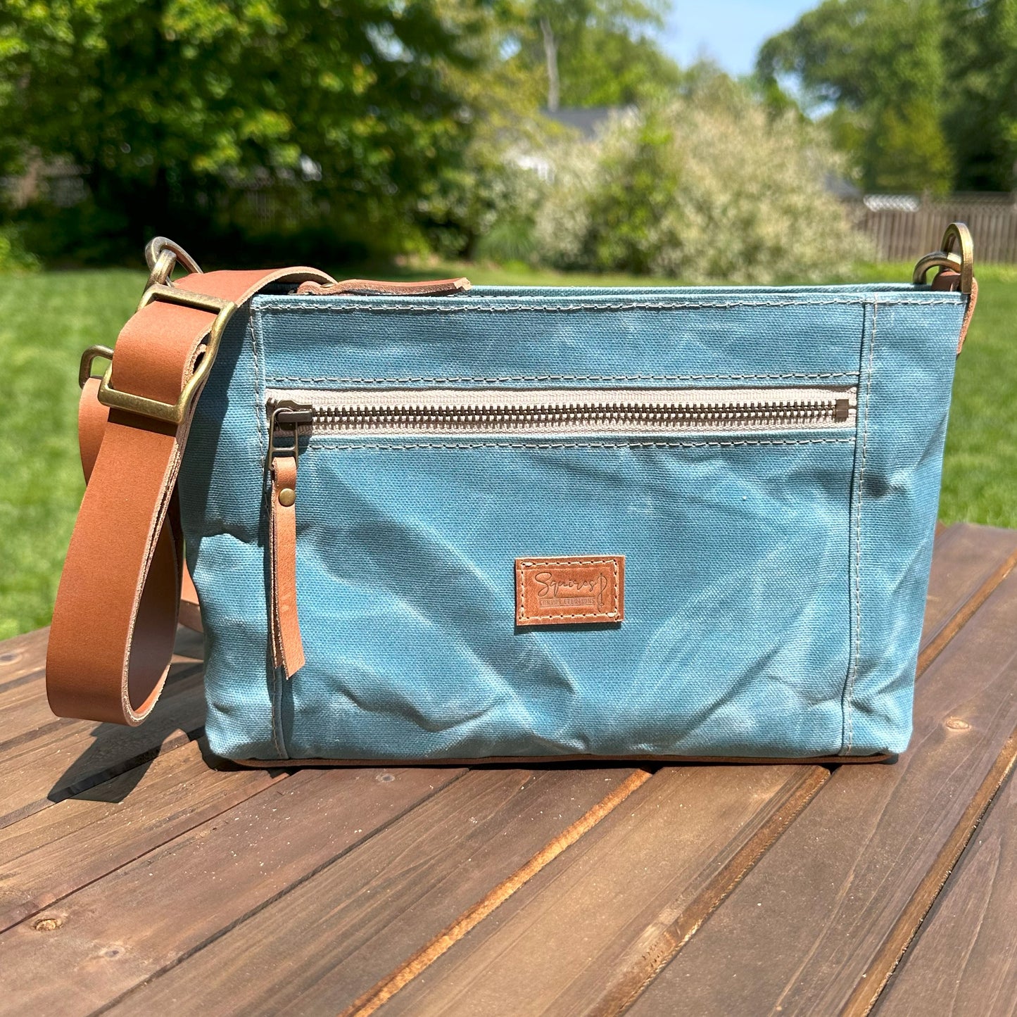 Silver Blue Waxed Canvas with Antique Brass Hardware Parish Creek Crossbody squirescanvascreations.com