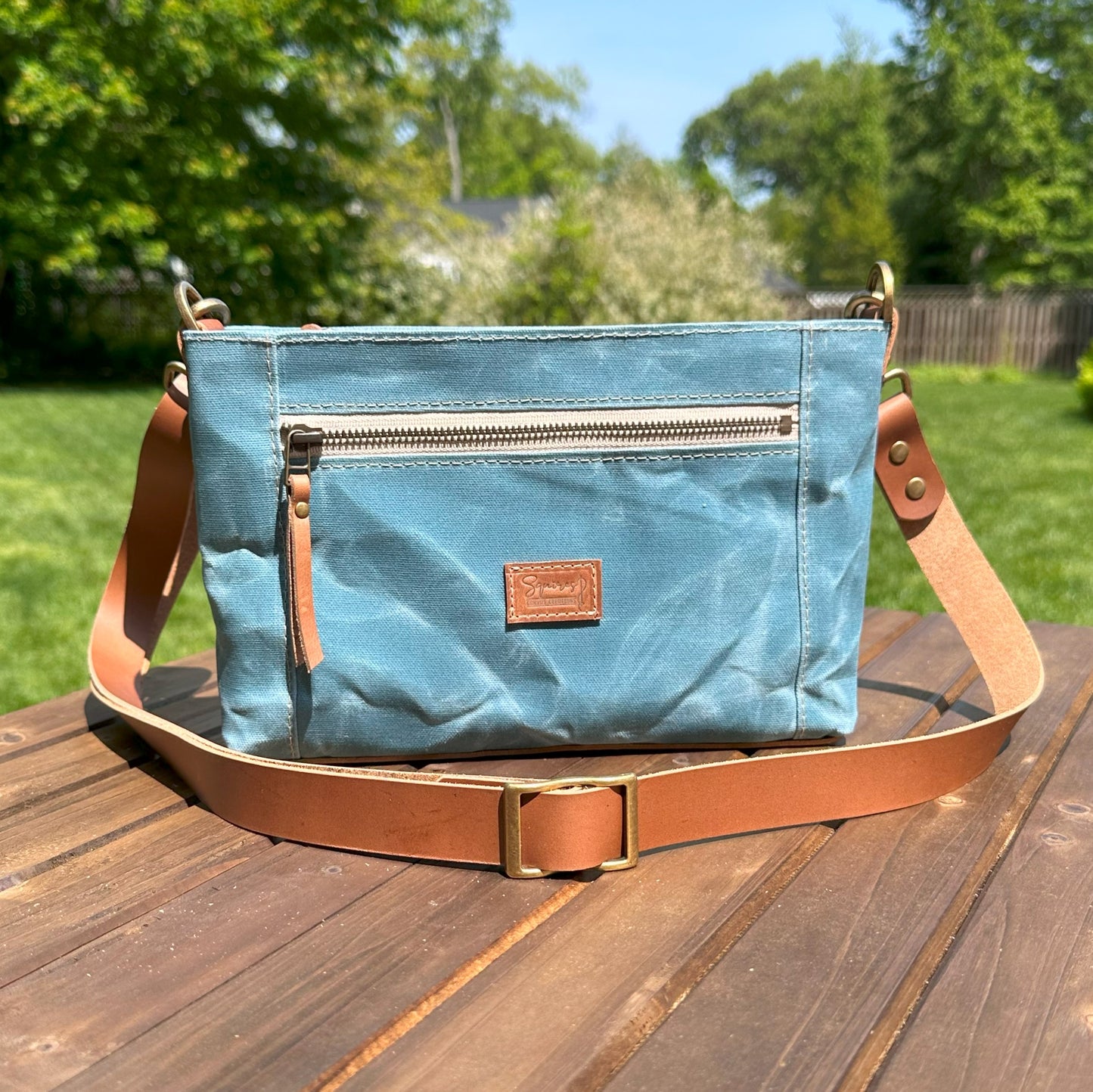 Silver Blue Waxed Canvas with Antique Brass Hardware Parish Creek Crossbody squirescanvascreations.com