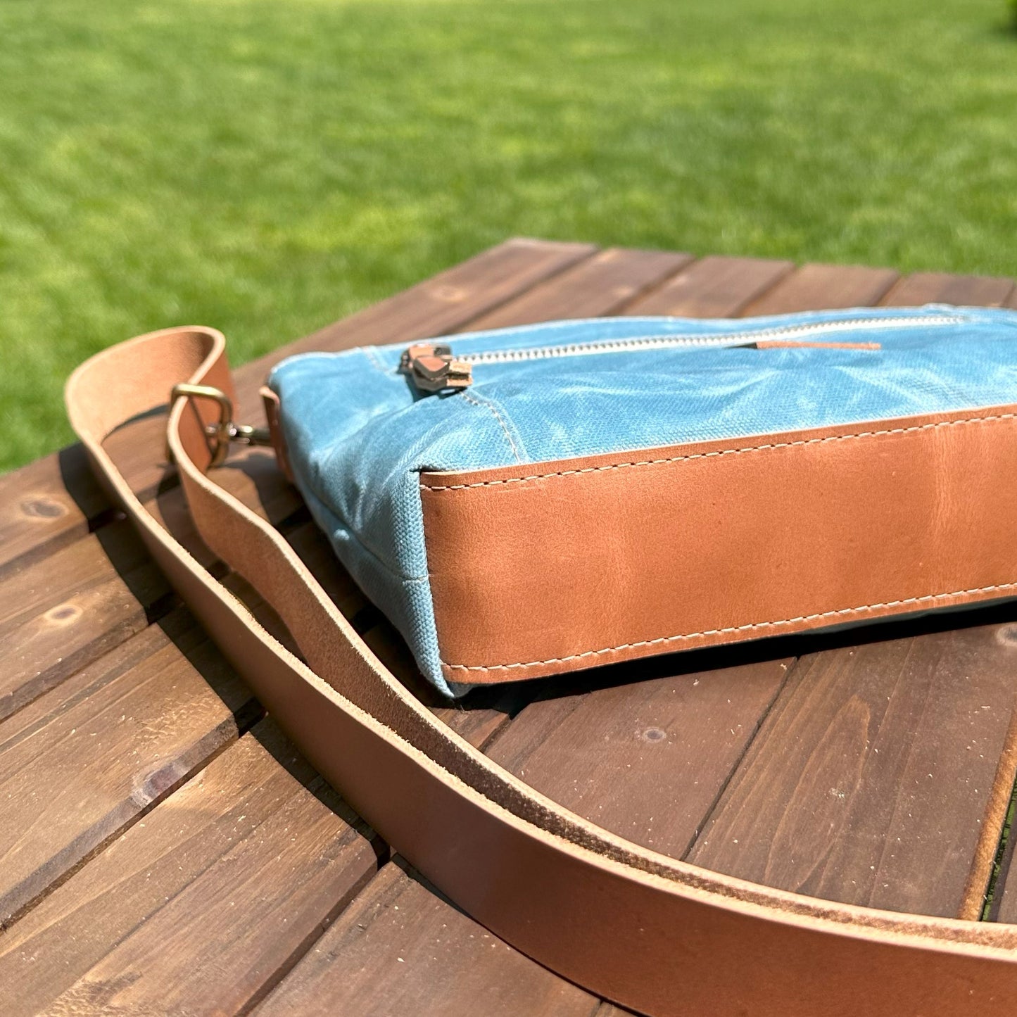 Steel Blue Waxed Canvas with Antique Brass Hardware Parish Creek Crossbody squirescanvascreations.com