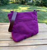Back View Handcrafted Canvas Bayside Slim Crossbody Bag in Burgundy 18oz canvas with cotton canvas lining and adjustable Splenda vegetable-tanned leather strap. Lightweight and perfect for everyday wear.