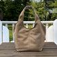Saddle Stone Washed Canvas and Striped Canvas interior with Antique Brass Rivets Cambridge Shoulder Bag squirescanvascreations.com 