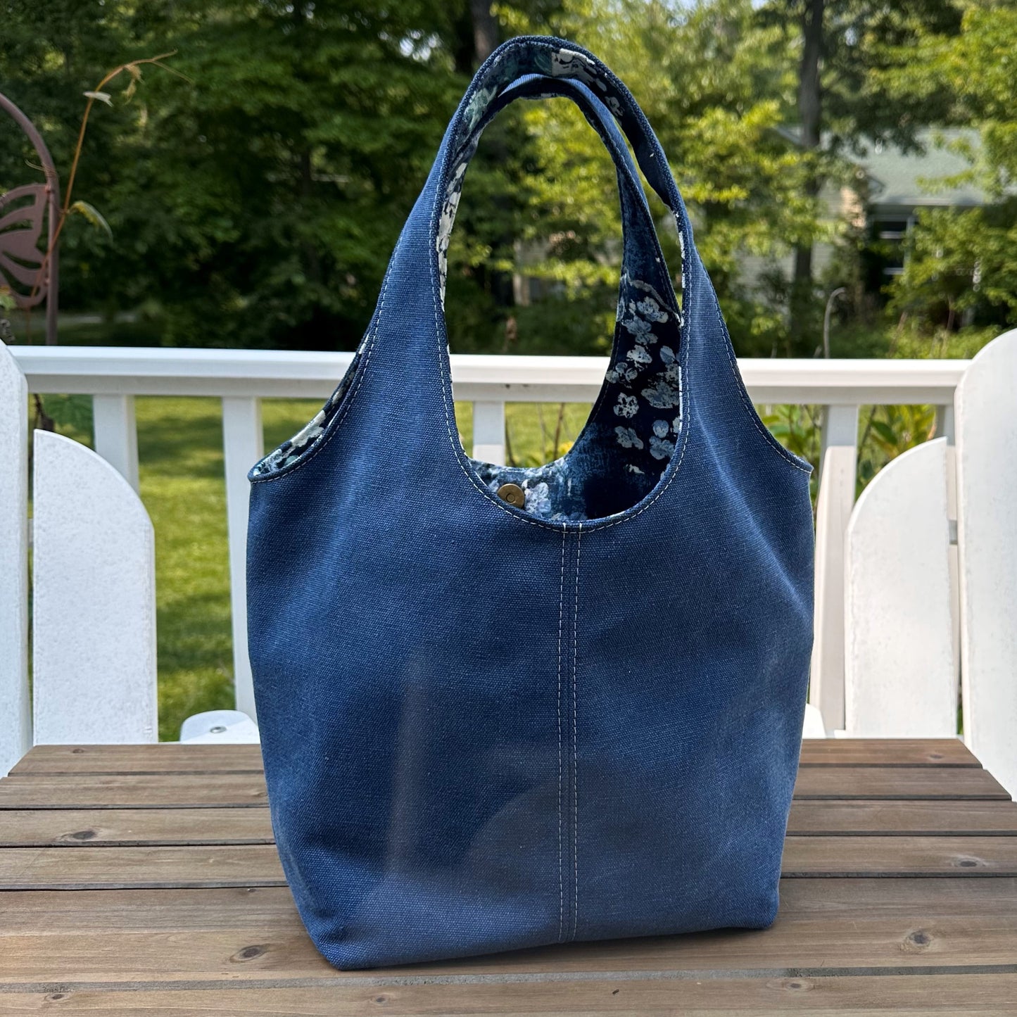 Denim Blue Stone Washed Canvas and Dewdrop Canvas interior with Antique Brass Rivets Cambridge Shoulder Bag squirescanvascreations.com 