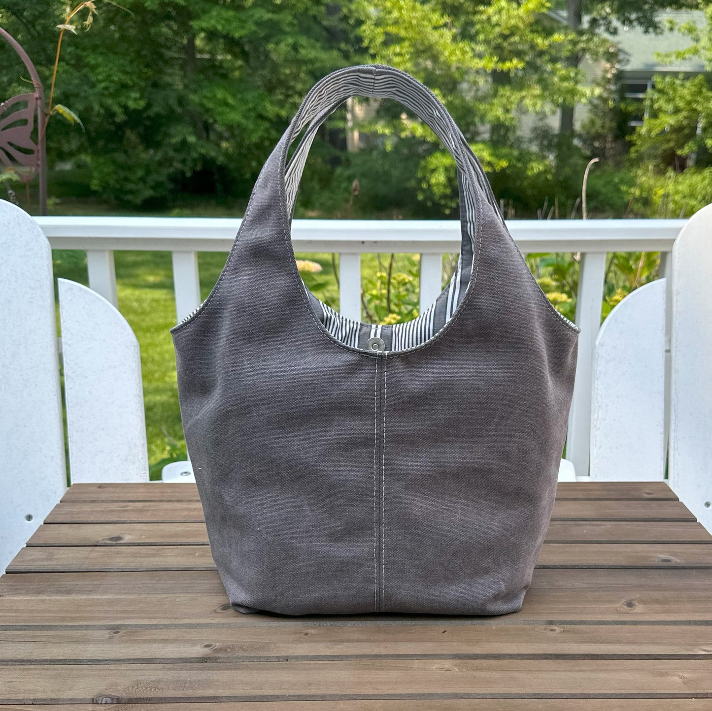 Dark Grey Stone Washed Canvas and Striped Grey Canvas interior with Nickel Rivets Cambridge Shoulder Bag squirescanvascreations.com 