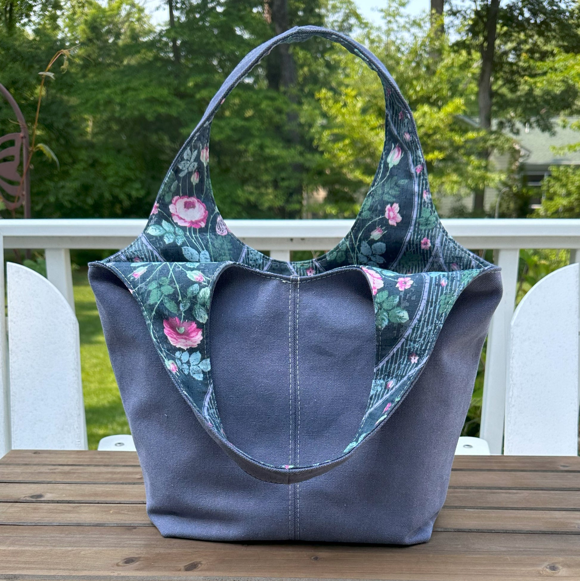 Harbor Blue Stone Washed Canvas and Victoria Flowers Canvas interior with Nickel Rivets Cambridge Shoulder Bag squirescanvascreations.com 