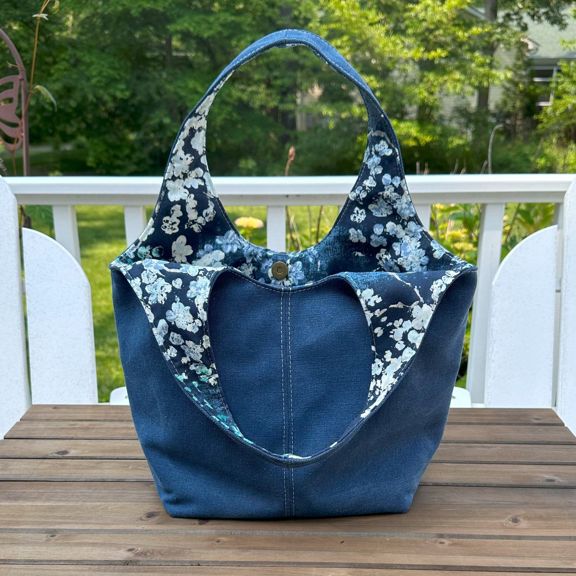 Denim Blue Stone Washed Canvas and Dewdrop Canvas interior with Antique Brass Rivets Cambridge Shoulder Bag squirescanvascreations.com 