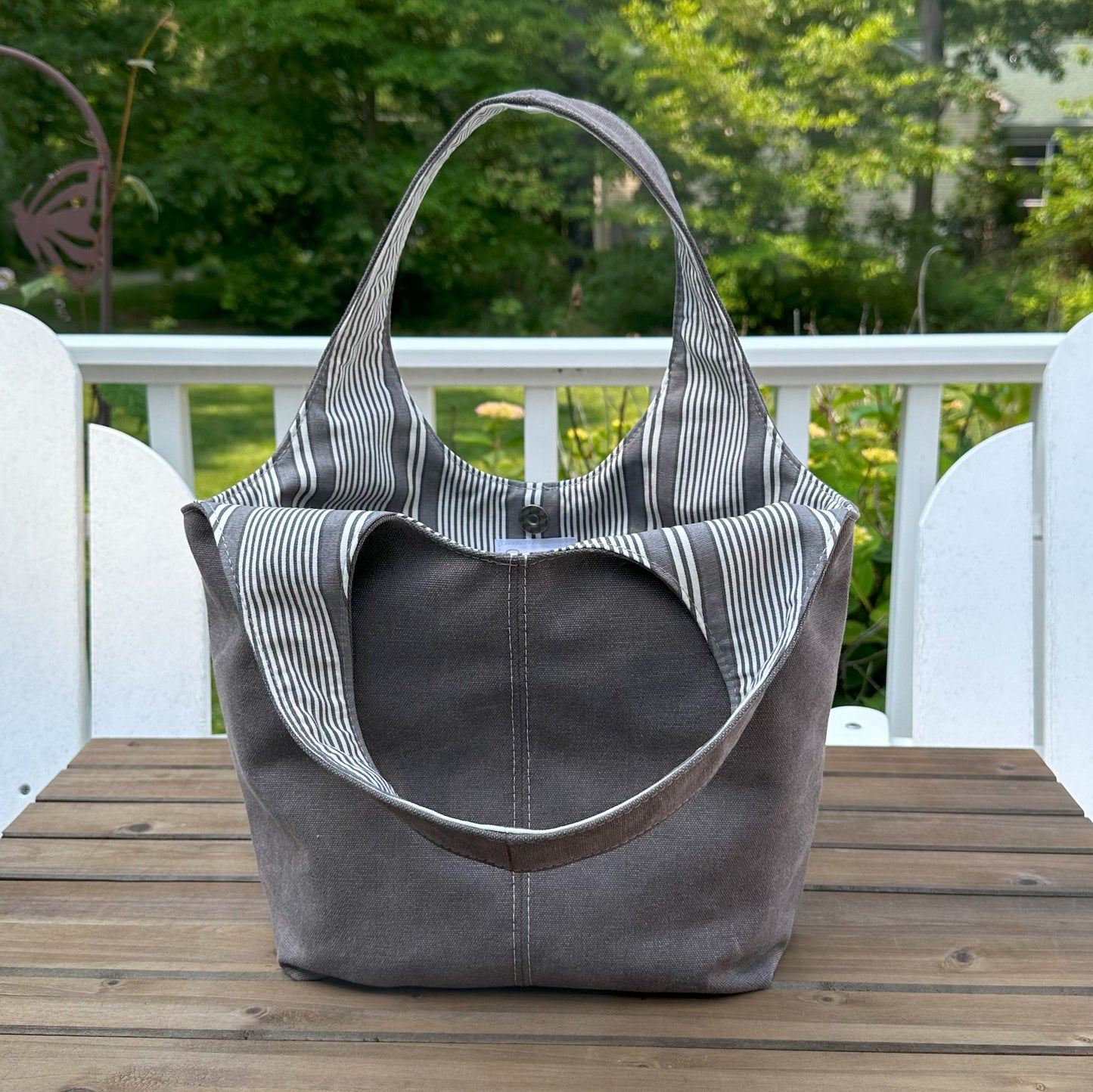 Dark Grey Stone Washed Canvas and Striped Grey Canvas interior with Nickel Rivets Cambridge Shoulder Bag squirescanvascreations.com 