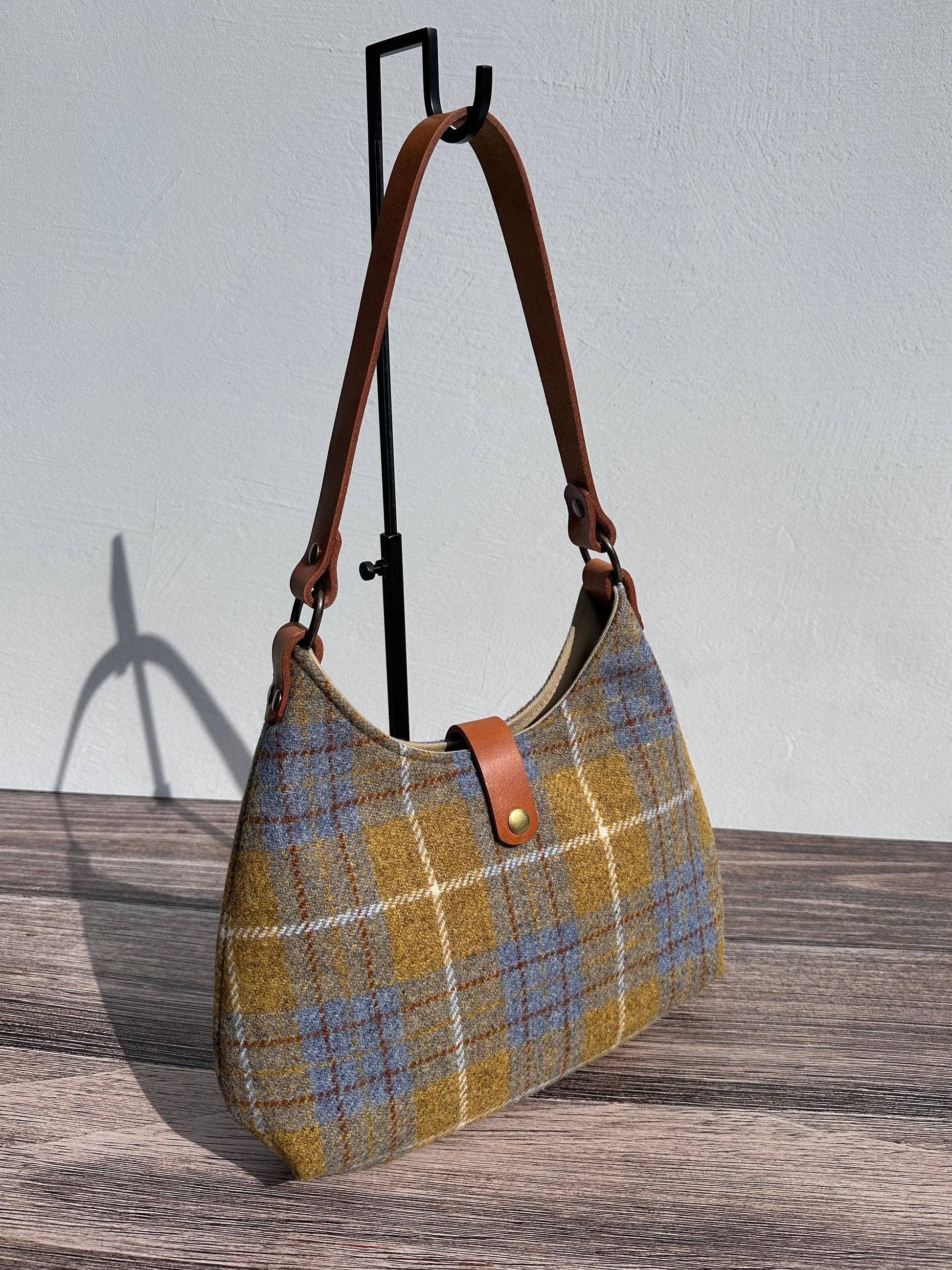 Yellow and Blue Plaid Harris Tweed® Rhode River Shoulder Bags,  Cognac Leather with Antique Brass Hardware. Handcrafted in Maryland