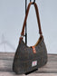 Back view Green & Blue Herringbone Harris Tweed® Rhode River Shoulder Bags,  Cognac Leather with Antique Brass Hardware. Handcrafted in Maryland