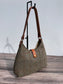 Front view Green Mix Herringbone Harris Tweed® Rhode River Shoulder Bags,  Cognac Leather with Antique Brass Hardware. Handcrafted in Maryland