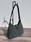 Front view Mid Grey Twill  Harris Tweed® Rhode River Shoulder Bags,  Black Leather with Black Matte Hardware. Handcrafted in Maryland