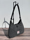 Back view Mid Grey Twill  Harris Tweed® Rhode River Shoulder Bags,  Black Leather with Black Matte Hardware. Handcrafted in Maryland