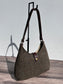 Front view Green and Brown Herringbone Harris Tweed® Rhode River Shoulder Bags,  Dark Brown Leather with Antique Brass Hardware. Handcrafted in Maryland
