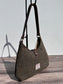 Back view Green and Brown Herringbone Harris Tweed® Rhode River Shoulder Bags,  Dark Brown Leather with Antique Brass Hardware. Handcrafted in Maryland