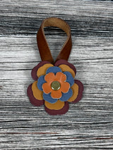 Close-up of leather flower purse charm with snap closure.