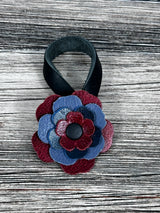 Close-up of leather flower purse charm with snap closure.