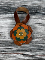 Close-up of leather flower purse charm with snap closure.