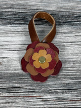 Close-up of leather flower purse charm with snap closure.