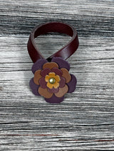 Close-up of leather flower purse charm with snap closure.