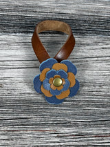 Close-up of leather flower purse charm with snap closure.