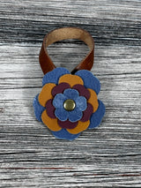 Close-up of leather flower purse charm with snap closure.