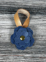 Close-up of leather flower purse charm with snap closure.