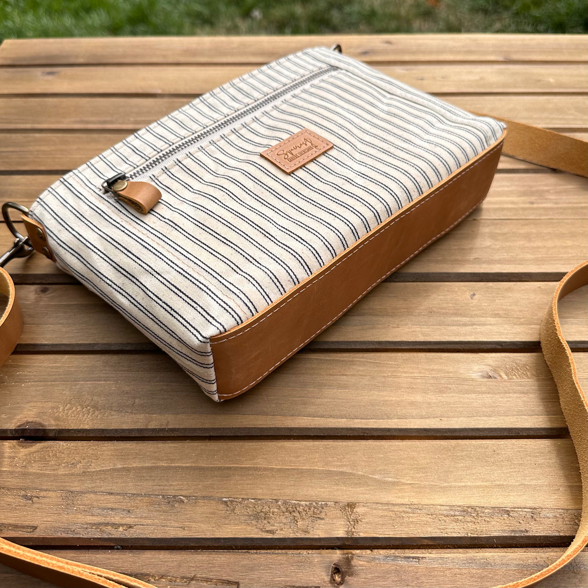 Parish Creek Crossbody Navy Stripe Waxed Canvas and Mesquite Brown Oil Tan Leather with Antique Brass Hardware SquiresCanvasCreations.com
