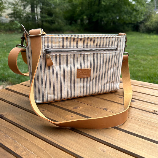 Parish Creek Crossbody Navy Stripe Waxed Canvas and Mesquite Brown Oil Tan Leather with Antique Brass Hardware SquiresCanvasCreations.com