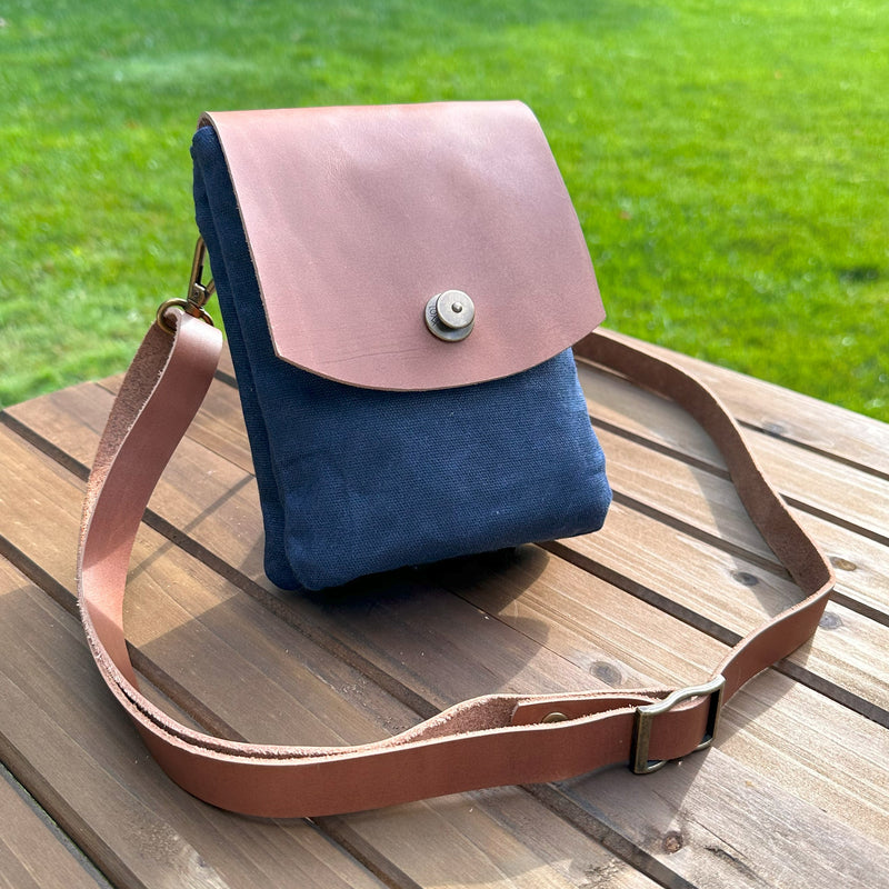Navy Waxed Canvas with Antique Brass Hardware Smidgeon Crossbody Bag squirescanvascreations.com