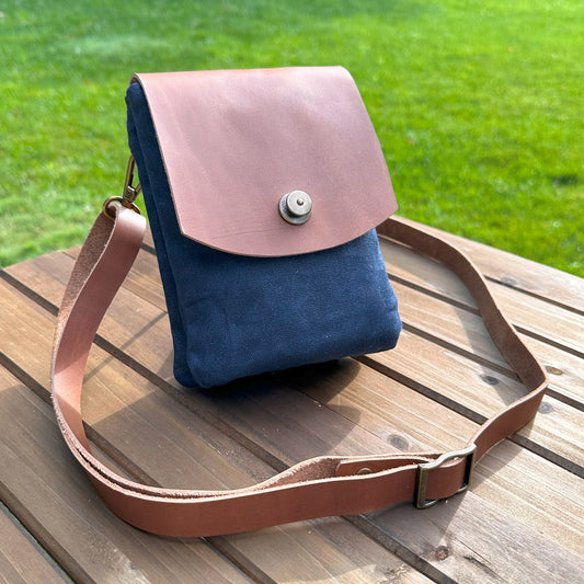 Navy Waxed Canvas with Antique Brass Hardware Smidgeon Crossbody Bag squirescanvascreations.com