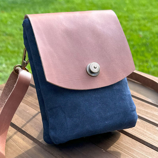 Navy Waxed Canvas with Antique Brass Hardware Smidgeon Crossbody Bag squirescanvascreations.com